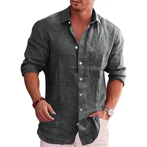 COOFANDY Men's Casual Button Down Shirt Long Sleeve Linen Chambray Shirt Black S