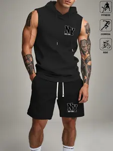 Men's 'NEW YORK' 2-Piece Sleeveless Hoodie & Shorts Set – NYC Graphic Gym Workout Tracksuit, Muscle Fit Athletic Streetwear Outfit
