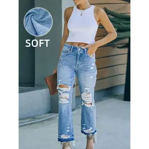 Women’s High-Waisted Ripped Straight-Leg Jeans, American Retro Style Slim Fit Denim Jeans, Casual Fashion for Spring & Fall