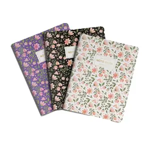 3-Set Floral Stitched Notebooks - Lay-flat sewn binding - Metallic gold foil - Canvas paper cover - 6" W × 8.5" L - Full Color Full Color