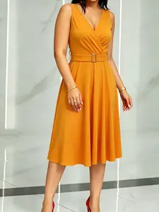 Fit and Flare Orange V-Neck Wrap Dress with Fixed Waist and Gathering