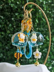 Bee Liquid Keychain, Rabbit Key Ring Accessory, Kawaii Bunny Animal Fidget Shaker, Cute Floral Anxiety Toy, Flower Sweet Honey Jar Bag Charm girl car cute keychain