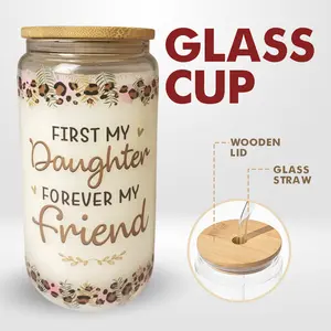 Lock&Knock - First My Daughter Forever My Friend 16oz Glass Coffee Tumbler - With Lids And Straw - Iced Coffee Bottle, Gifts From Mom To Daughter
