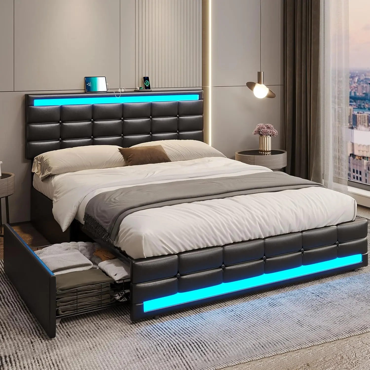 SIKAIC Full/Queen Size Leather Platform Bedroom Bedframe - LED Lights, 4-Drawers, Charging Station, Adjustable Headboard, 9-Leg Stability, Fits 8"-12" Mattresses, No Box Spring Needed, Black Modern Bed with Storage Underneath