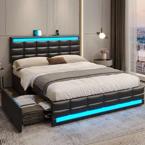 SIKAIC Leather Bed Frame with LED Lights 4 Storage Drawers Charging Station and Adjustable Headboard No Box Spring Needed Black