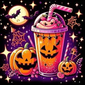 Halloween Themed 5D DIY Diamond Arts Colorful Painting Kit, Pumpkin & Drink Pattern DIY Diamond Arts Colorful Painting Kit, DIY Decorative Art Picture, Decorative Piece