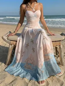 Women's Beach Print Halter Long Dress, Slim-Fitting A-Line Flowy Dress, Casual Boho Chic Style Summer Dress, Beach Vacation Wedding