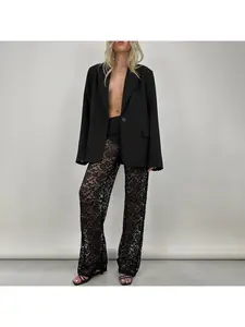 Women's Summer Sheer Pants Casual High Waisted - High-Waist Lace Panel Straight Leg Trousers for Versatile Style