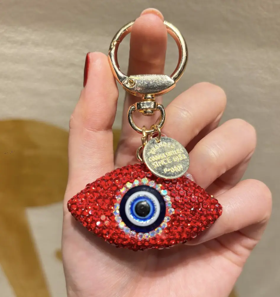 Red Rhinestone Evil Eye Keychain with Gold Tone Clasp and Charm for Protection and Style