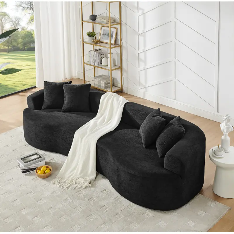 112'' Pre-Assembled Minimalist Style Modular Curved Sofa Sectional, Cloud 4-Seater Chenille Couch with 4 Cushions & Fixed Arms, for Living Room Apartment, Black