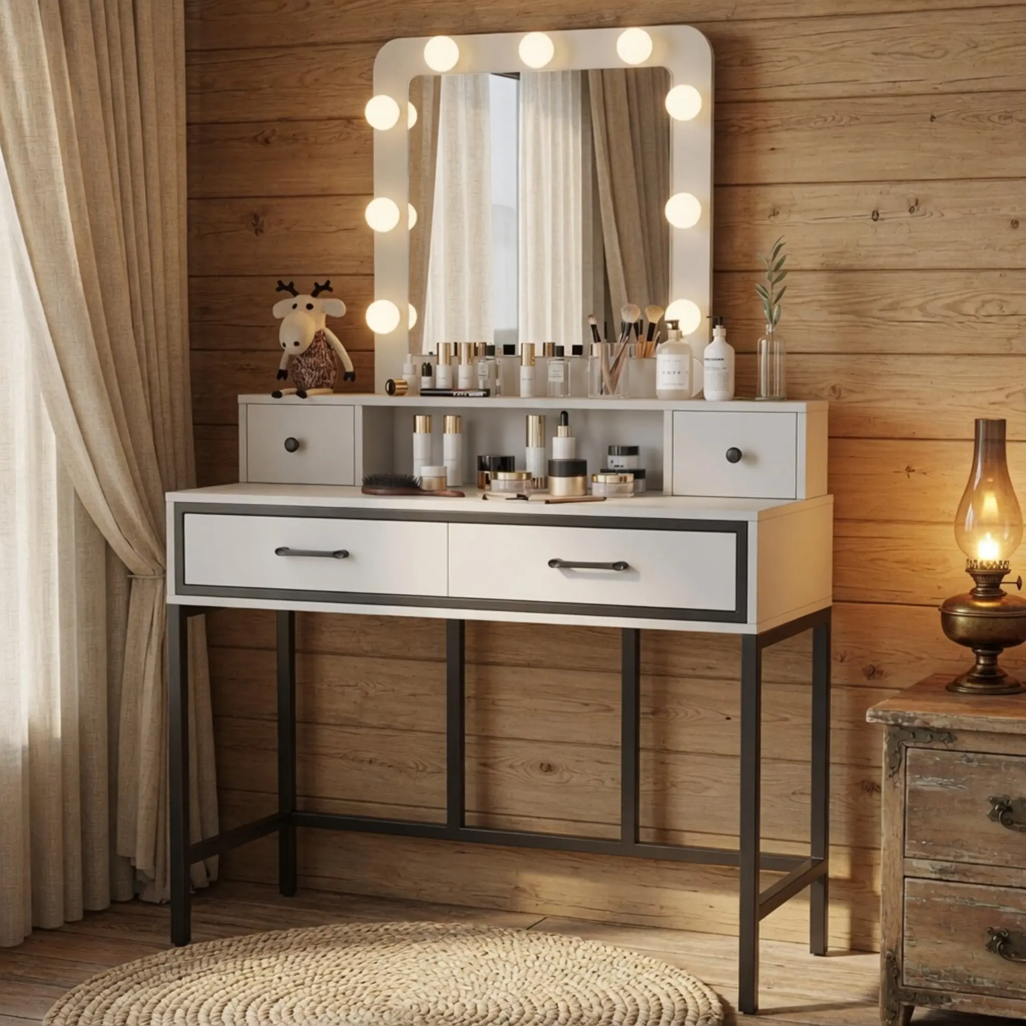 39.37" Brown Vanity Desk with 3-Color Lighted Mirror - Makeup Table with 4 Drawers