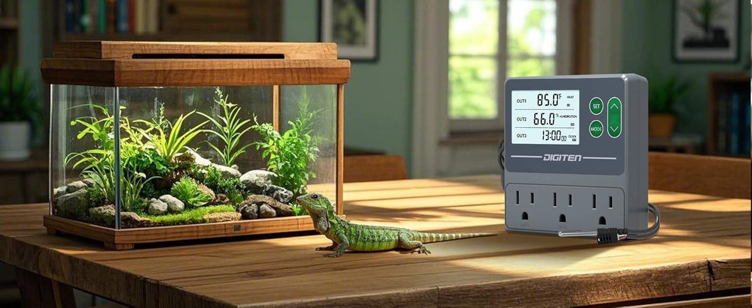 DIGITEN Temperature and Humidity Controller with Timer - 3 Outlet, 2 Separate Probes, Plug in Temperature Controller for Reptiles,Snake, Mushrooms, Tent, Triple Control for Temp,Humidity,Time