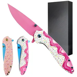 Pink Pocket Knife Sweet Donut Handle Folding Pocket Knife With Sprinkles ，Donut Knife Outdoor Camping Knife Cute With Pocket Clip，The Best Gift for Men and Girls