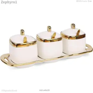 Sugar Bowl with Lid and Spoon,Ceramic Condiment Jars  Container with Tray,Salt and Sugar Containers, Condiment Canisters Pots Seasoning Box Set of 3 for Kitchen Coffee Bar,WhiteZephyroFFApexActive6AAGlowHub30AB14Veloura Home