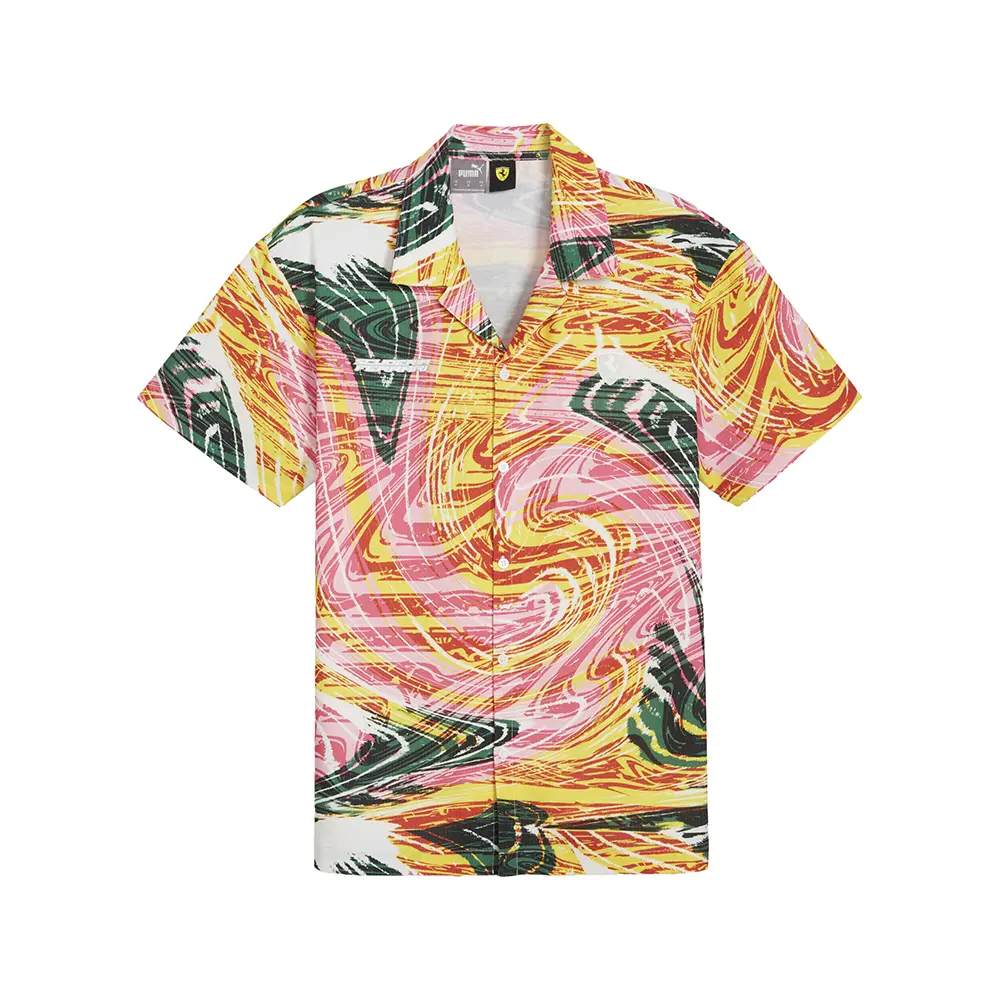 PUMA Mens Scuderia Ferrari Race Collared Short Sleeve Button Up Shirt Casual Tops Casual - Pink, Yellow