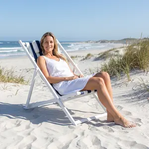 Surfgear Wooden Folding Beach Chair with Headrest, 4-Position Adjustable Recline, Portable Navy Stripe Lounge Chair for Beach, Patio, Pool & Camping Chaise