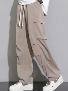 Men's Casual Spandex Cargo Pants - Loose Relaxed-Fit, Drawstring Waist, Multiple Pockets, Plain Menswear Bottoms