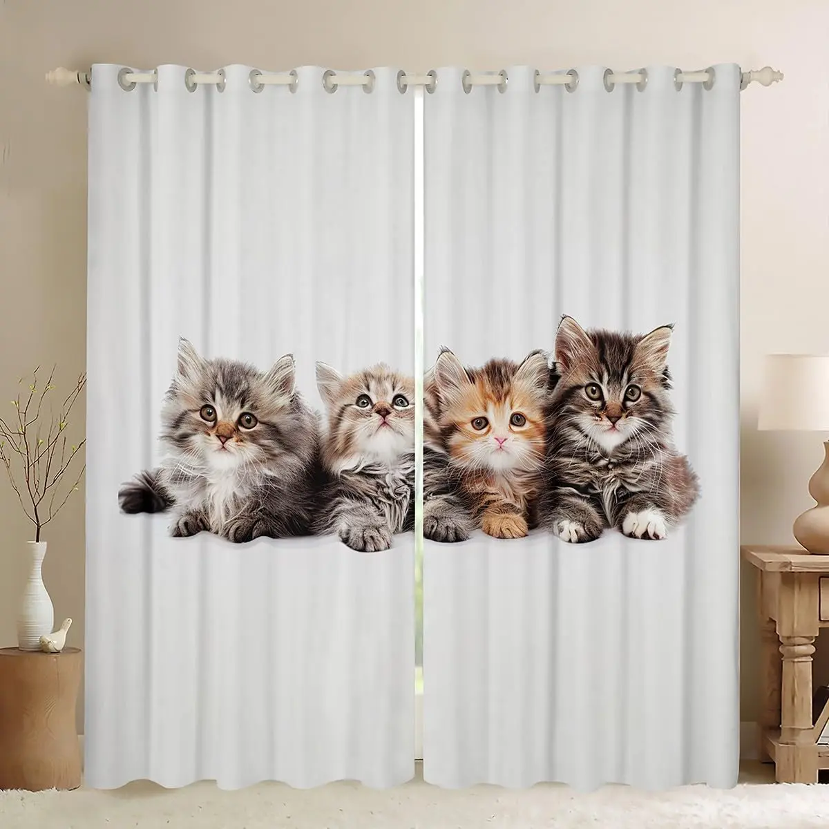 Feelyou Cute Decorative Fabric Print Animal Curtains - Soft Kitten Print Blackout, 30%-50% Light Blocking Grey Kawaii Window Treatments, Cat Lovers' Kids Gift for Home Textile Interior Decoration Accessories, Cute Decorative Curtains, Animal Decorative Cu