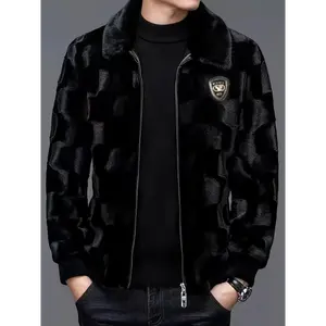 Men's Luxury Faux Mink Jacket QT483805 - Stylish Lapel Thick Warm Winter Coat with Zip Closure Casual Black Fabric Polyester Regular Fit