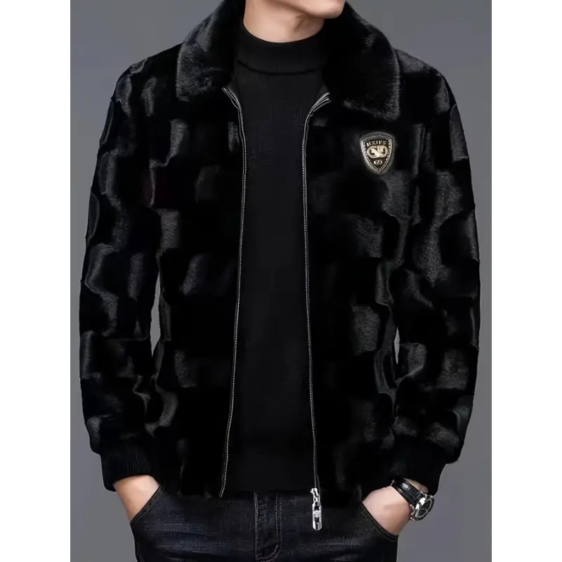 Men's Luxury Faux Fur Menswear Top QT483805 - Stylish Lapel Thick Warm Winter Casual Comfy Jacket, Polyester Black Fabric, Zip Closure, Regular Fit, Stripes Pattern, Tops