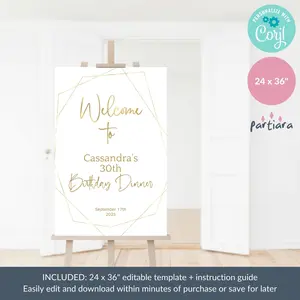Dinner Welcome Sign Birthday Party Printable Ladies Welcome Poster Retirement Events All White Gold Decor Editable 24x36 