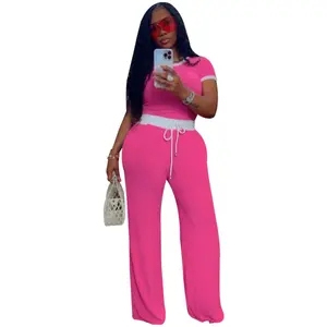 Summer Autumn Clothes Knitted Casual Tracksuit Women Two Piece Set Sportwear Fitness Running T-shirt Top and Wide Leg Pants Workout Sets Jogging Femme Womenswear Check