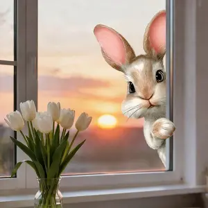 Cute Bunny Static Cling Window Decal, Removable Cartoon Sticker for Home Bedroom, Kids' Playroom, Office, Car Windows, Easter Decoration