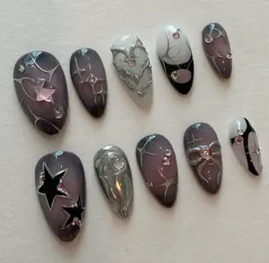 3D Chrome Star Bow Press On Nails | Gothic Purple Ombre Swirl Dark Celestial Almond Nails