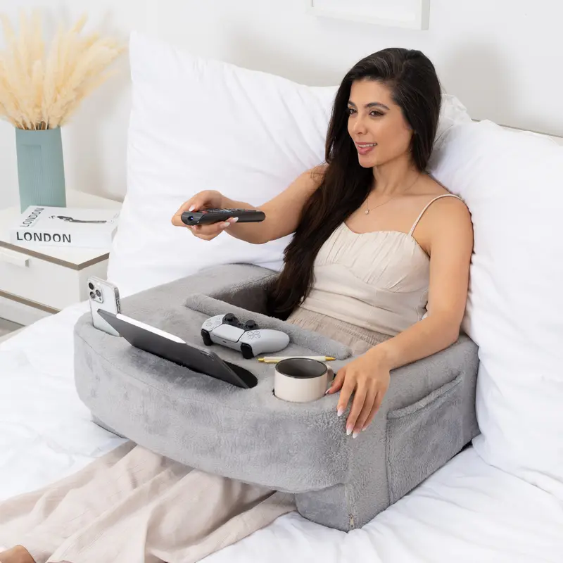 Durable Memory Foam Gaming Reading Pillow - 27in Wide x 22in Tall, XL Lap Desk, Cup Holder Ready, Phone Holder, Controller & Cable Pockets, Armrests, Wrist Support, Removable Cover, Adjustable Height for Lap/Sofa/Bed