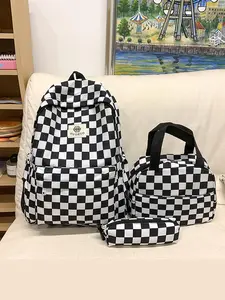 Checkerboard Pattern Backpack & Lunch Bag & Pencil Case Set, Casual Large Capacity School Bag Set for Women & Men, Fashionable Backpack Set for Daily Use