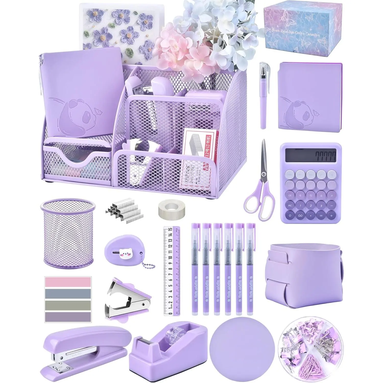 23pc Purple Desk Accessories & Organizers Set - PU Leather Pocket Book, 1 Mesh Organizer, 1 Pen Holder, Stapler, Tape Dispenser, Calculator, Office Supplies in Gift Box for Birthdays, Organize Tools, 1 Adhesive Tape