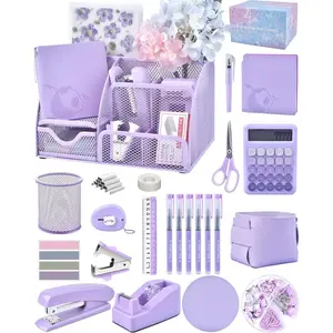 23pc Purple Desk Accessories and Organizers with Mesh Organizer Stapler Tape Dispenser Calculator and a Lot of Office Purple Office Supplies Beautifully Presented in a Gift Box