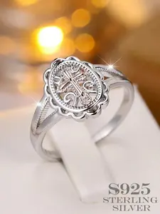 S925 Sterling Silver Cross Ring, Gothic Hollow Design, Engraved Floral Patterns, Perfect Gift for Rock Party, Trendy Youth Jewelry