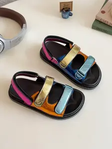 2026 Summer New Kids Sandals, Unisex Colorful Patchwork Velcro Beach Shoes, Medium Large Sports Soft Sole Slippers, Trendy Sandals, Striped Pattern Sandals