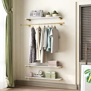 Industrial Pipe Clothing Rack Wall Mounted Gold Clothes Rack with Solid Wooden Shelf Vintage Hanging Rack for Bedroom, Living room Organiser Decorative
