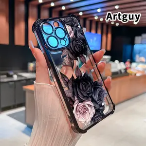 Electroplated Four Corner Anti-Fall Mystic Rose Garden Pattern Phone Case for iPhone 16 Pro Max 15 Plus 14 13 12 11 E Shockproof Transparent Protective Cover