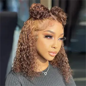 Curly Bob Wig Human Hair 180 Density 13x4 HD Lace Front Curly Wave Wigs for Black Women 4/27# Glueless Colored Pre Plucked Deep Wave Wet and Wavy Glueless Wigs Human Hair Highlight 16 Inch
