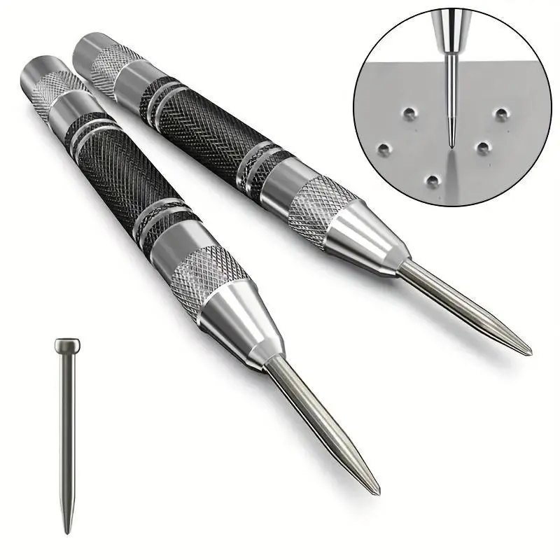 Automatic center punch, 5 inch heavy duty steel spring center punch, with adjustable tension punch tool, suitable for metal, wood, glass and plastic, suitable for DIY enthusiasts, automatic center punch, adjustable spring tool center hole punch