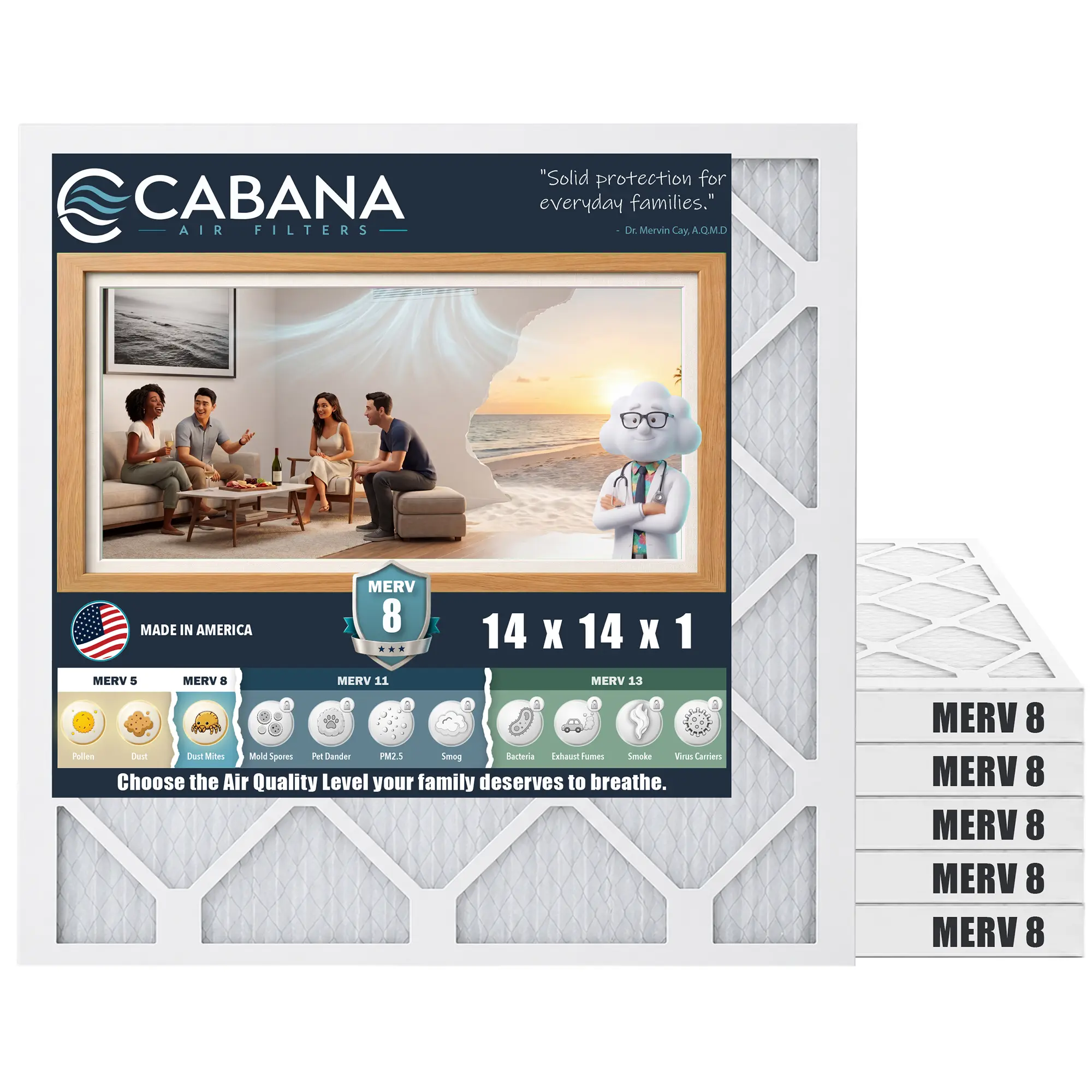 Cabana Air Filters 6 Pack HVAC Furnace Air Filters, MERV 8, 14 x 14 x 1, White