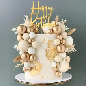 XY-SO27 Khaki Balls Cake Topper Boho Grass Cake topper Khaki White Gold Pearl Balls Happy Birthday Cake Decorations for Wedding Baby Shower Birthday Boho Themed Party Supplies (Khaki) Shiny