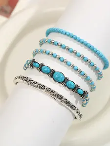 Western cowboy style retro Turquoise imitation bracelet set, Layered bracelet set, 5 pieces of elastic cord jewelry, stackable bracelets, suitable for everyday wear, vacation dates, and also makes a small gift