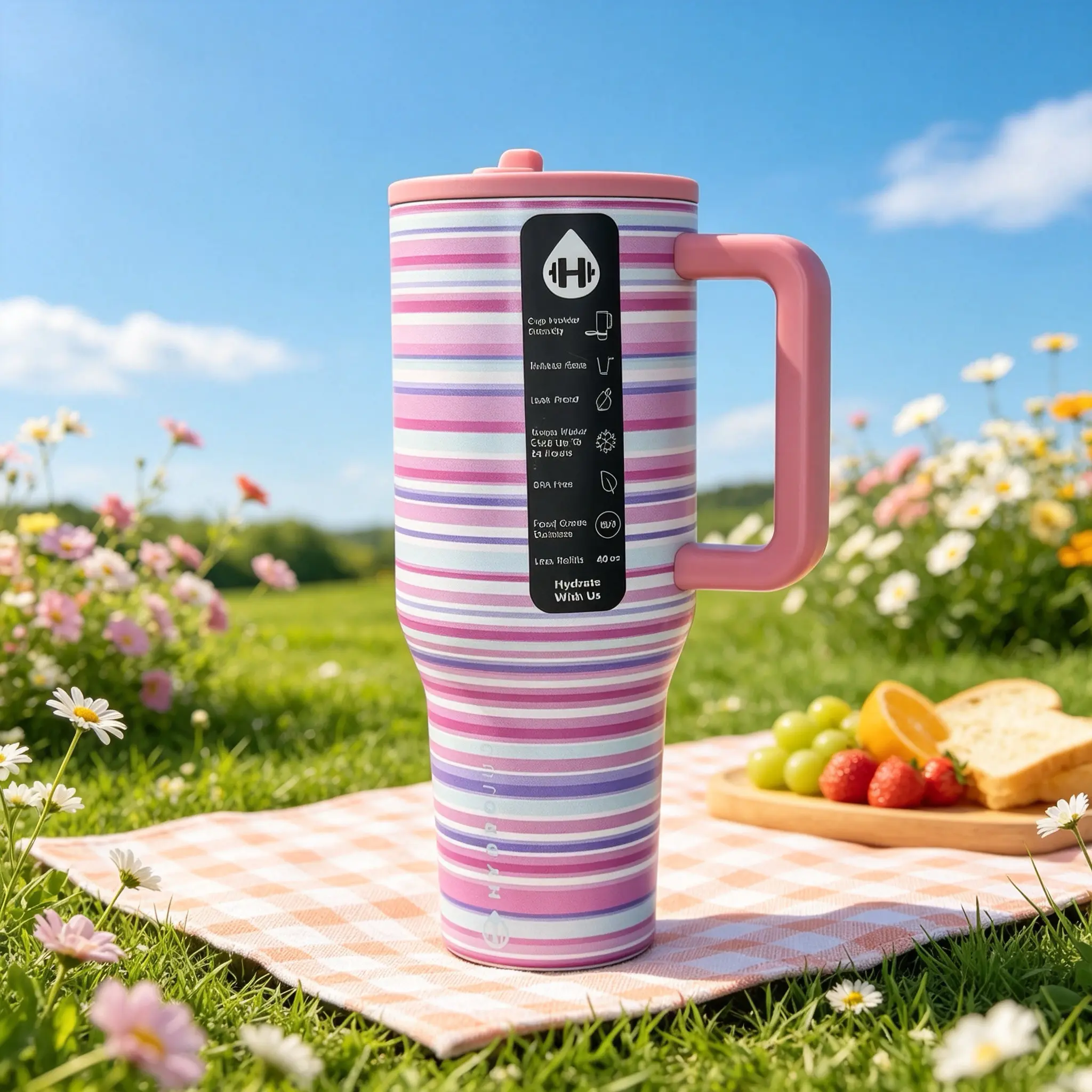 HydroJug 40oz Pastel Pink Purple Striped Insulated Drinkware Flask, Double Wall Vacuum Stainless Steel Reusable Travel Mug with Pink Ergonomic Handle & Flip Lid, Leakproof Cold Retention for Car & Camping, Flasks Sports Bottle vaso