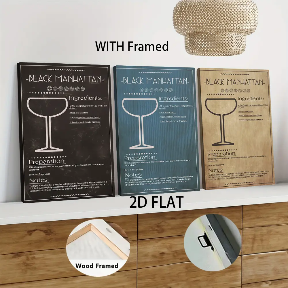 3pcs Framed  Vintage Cocktail Recipe Wall Art Black Manhattan Bartending Guide Framed Canvas Print Bar Restaurant Decor Home Bar Cabinet Poster 2D Flat home decor