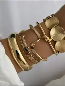 Women's Geometric Layered Open Bracelet Set, Stackable Bracelets, Punk Style Jewelry Accessories, Fashionable Women's Accessory Collection