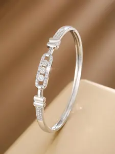 S925 Sterling Silver Rhinestone Decor Bangle Bracelet, Fashionable Hollow Out Design Bangle for Women, Trendy All-match & Exquisite Jewelry for Birthday Gift
