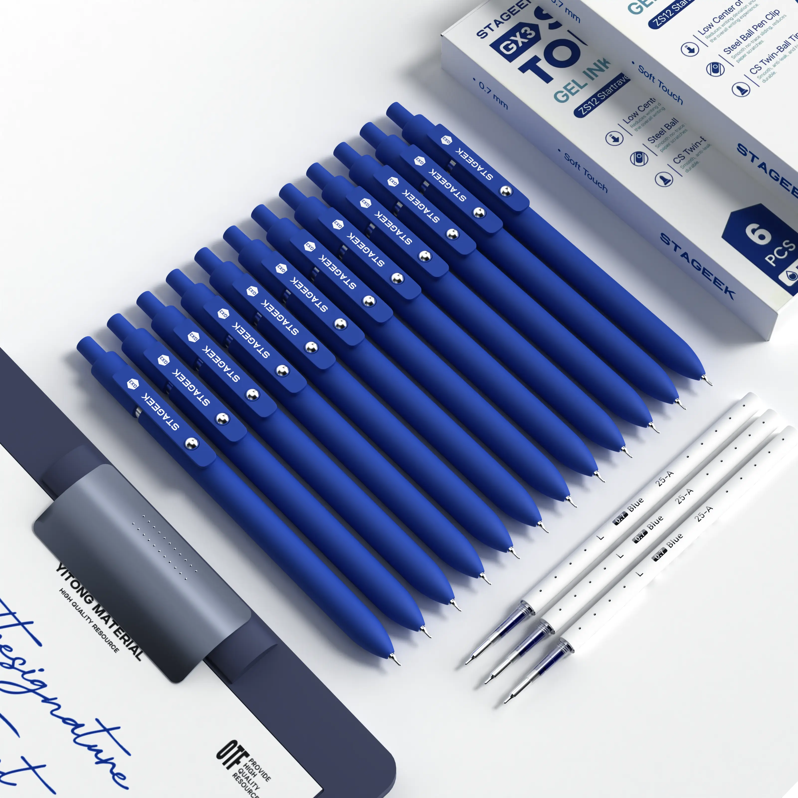 STAGEEK Blue Gel Pens, 6Pcs Quick Dry Blue Ink Pens with 3 Extra Refills, 0.7mm & 0.5mm  (Bonus on Order $10+)  Fine Point Retractable Pens for Journaling, Office, Note Taking, School Supplies, Nurse Aesthetic (Blue, Black, Gray, White)