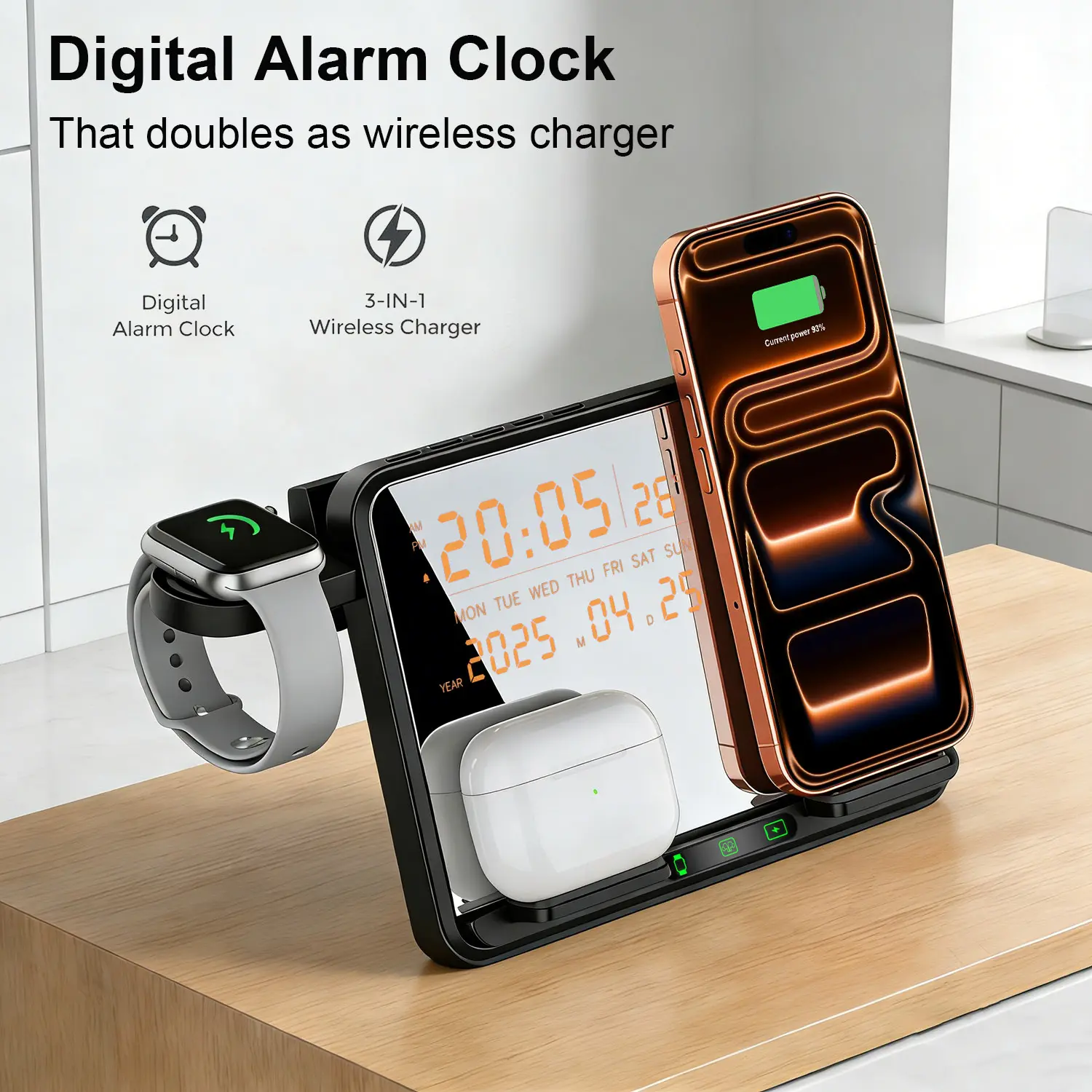 Wireless Charging Station for iPhone Samsung Devices, Multiple Charger Stand with Alarm Clock and Calendar Display, Fast Charging Dock Station for iPhone 17 Pro Max 16 15 14,Apple Watch,Airpods,Samsung Galaxy S26/S25/S24,Samsung Galaxy Watch,Galaxy Buds