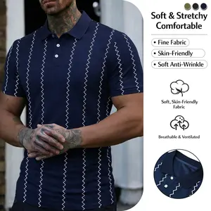 Men’s Polo Shirt with a Turn-Down Collar and Wavy Stripes — Soft, Breathable Fabric; Wrinkle-Resistant and Durable; Classic Retro Style; Lightweight Business-Inspired Design for Daily Commuting; Fashionable and Versatile Short-Sleeve Top, Summer Edition