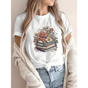 Directional Women'S women T-Shirt With Book Floral Print, A Gift For Book Lovers, Perfect For Avid Readers summer clothes