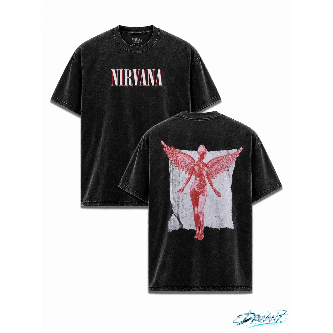 Nirvana Red Angel Vintage Acid Wash Oversized T Shirt, Unisex grunge streetwear y2k clothing graphic tee, A comfortable summer gift oversize wash vintage metal